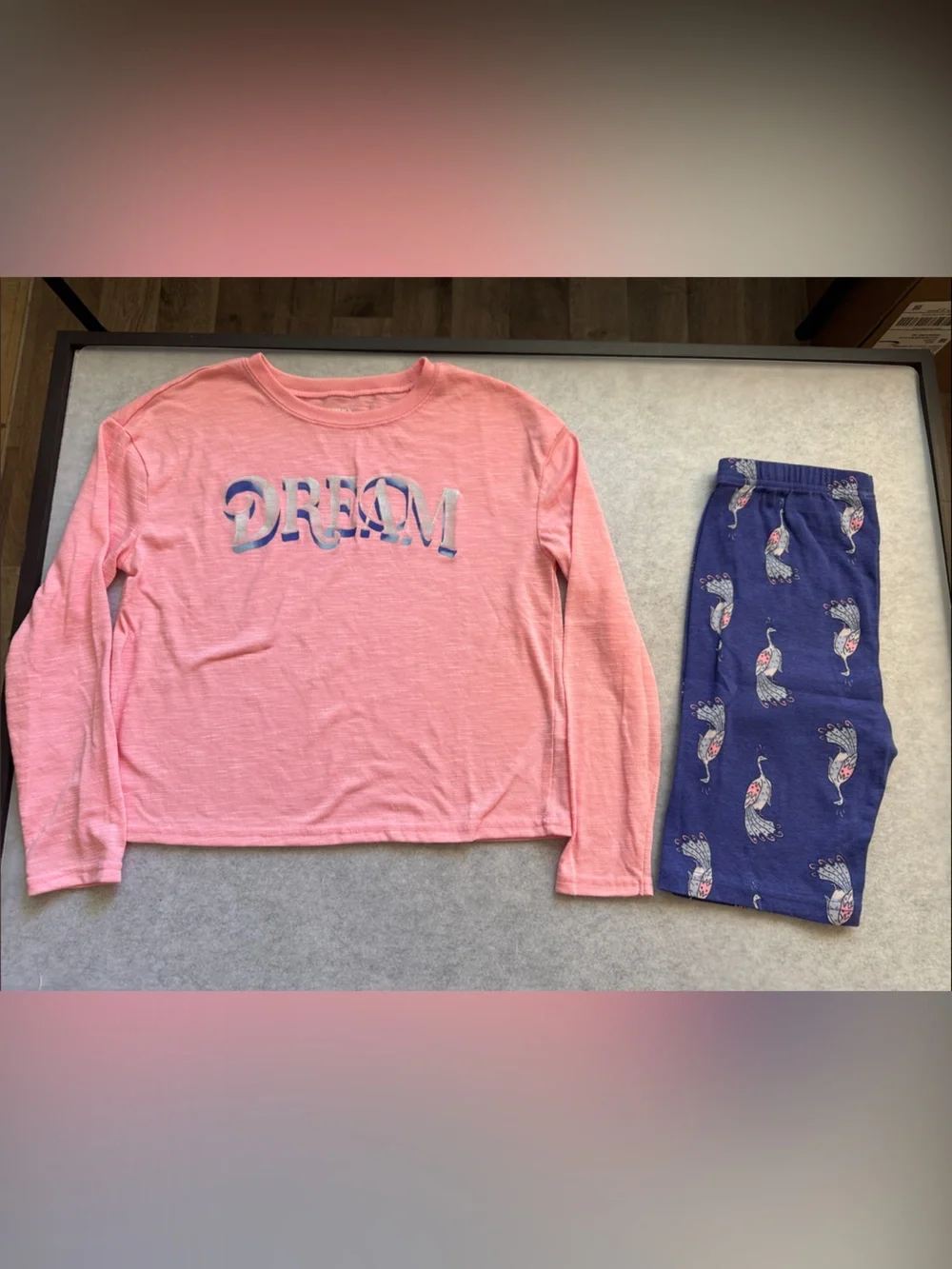 Carter’s Girls' Pink 'DREAM' Long-Sleeve Pajama Top with Blue Printed shorts 12
